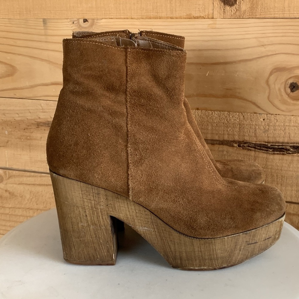 Top Shop 39 Brown Suede Wood Block High Heels Boho Chunky Square Toe 4" Heel